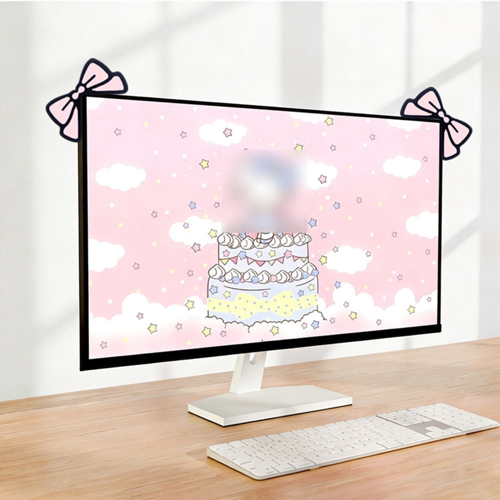 Desk Setup With Laptop And Monitor - Sevimli Pembe Fiyonklu Monitör Süsü Kawaii