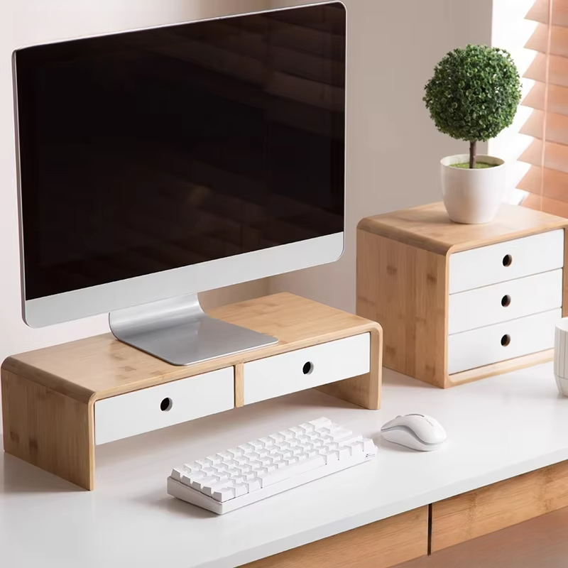 Desk Setup With Laptop And Monitor - Bambu Dizüstü Bilgisayar Monitör Yükseltici Çevre